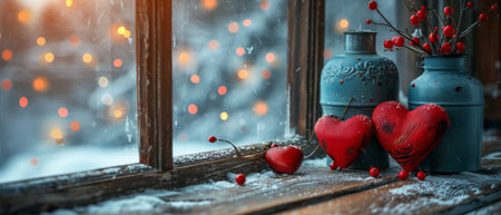 Interior decor using red hearts and a window on a wooden table in a shabby chic style for Valentine's Day and snowy weatherの素材