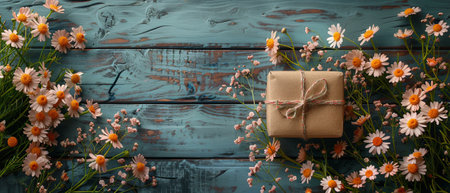 An interior in Shabby Chic style with chamomile and rose flowers and a gift box.の素材