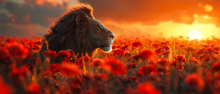 The African lion is in the middle of a sunset in the African savannah. A beautiful warm sunlight illuminates the landscape. A dramatic red cloudy sky makes for a dramatic backdrop. A proud lion is inの素材