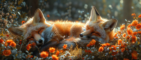A fluffy red fox vulpe clinging to the grass in a fantasy forest with a forest trail woven into the background on a fabulous sunny day surrounded by spring flowers and foliageの素材