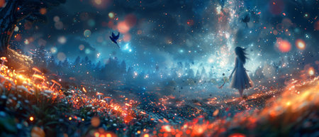 An enchanted fairy tale forest with giant mushrooms, a magical shining window in a pine tree hollow, and a flying magic butterfly leaving a trail of sparkling light.の素材