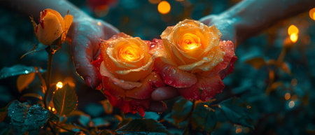 In a mystical garden, yellow and red rose flowers bloom on a floral background in a low-key, dark tone, representing a dreamy landscape with a fantasy feel.の素材