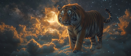 Tiger walking on fantastic magical night sky background with glowing crescent moon, stars and clouds, fairy tale space heaven, fantastic artistic picture with majestic animal.の素材