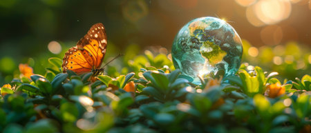 Earth Day or Arbor Day card with blue glass globe ball and butterfly against blurred green trees garden background. Saving the environment, protecting the environment, promoting sustainableの素材