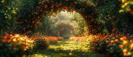 An unusual apple tree garden with stunning natural arch entrance and sun rays, magical door gates in a lush green forest, an environmental eco background with blank copy space, a mysterious summerの素材