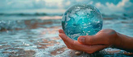 Blue planet crystal glass globe in human hand on pure sea background. Card for World Oceans Day or Water Day.の素材