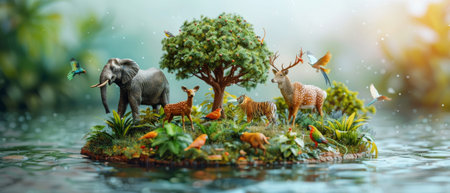 An elephant, a tiger, a deer, a parrot, and a green tree held in a human hand signifying saving the planet, protecting nature reserves, and protecting endangered species.の素材