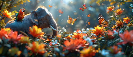 World Animals Day theme: Elephant, tiger, parrot, butterflies in nature reserve. Save the planet, protect wildlife sanctuaries, safeguard endangered species, photo safari concept.の素材