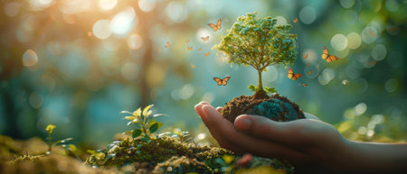 World Environment Day concept. Save our Planet, restore and protect Green Nature, sustainable lifestyle and Climate Literacy. Globe, Tree in hand, flying butterflies, 22 April.の素材