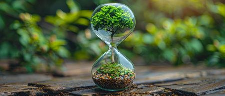 The concept of Earth Day or World Day to Combat Desertification and Drought. Stop global warming and climate change. The concept of a live and dry tree in an hourglass.の素材