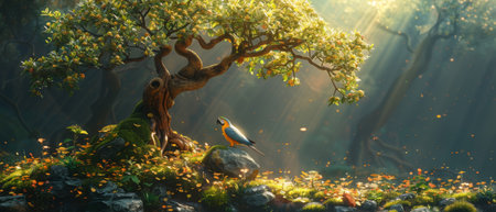 Bonsai decor of a tree with a gray parrot sitting in a magical elf forest, a fairy tale glade filled with golden flowers, and a magical elven forest at night with moonlight.の素材