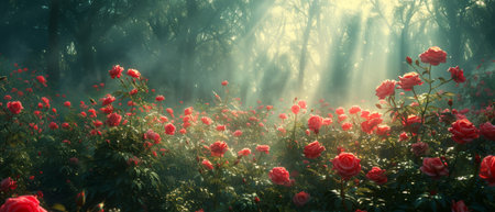 In an enchanted fairytale forest with lush thickets in early morning on a mysterious background, there is a fantasy roses flower garden with a fantasy rose flower in a fantasy rose flower garden in aの素材