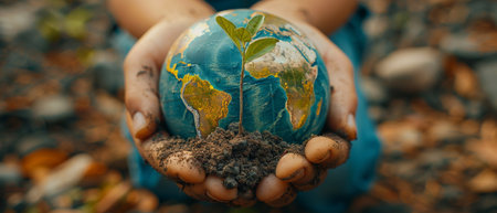 Earth Day or World Environment Day. Combat deforestation and drought concept. Climate change and global warming theme. Save our planet, protect green nature. Live and dry trees on a globe.の素材