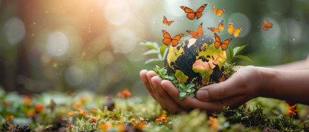 In this image you can see a group of wild animals with a flock of butterflies, with the globe in their hands, holding a green globe in celebration of Earth Day or World Wildlife Day.の素材