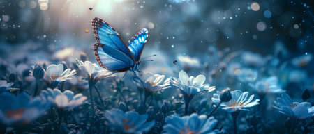 Garden of Eustoma flowers with blue butterfly in an enchanted dreamy forest, white roses blossoming in magical night darkness with moonlight.の素材