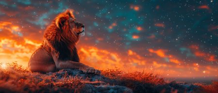 A majestic African lion looks up at the stars at night. A proud dreaming fantasy leo on a dark starry sky background, abstract ghostly portrait of a majestic king of animals.の素材