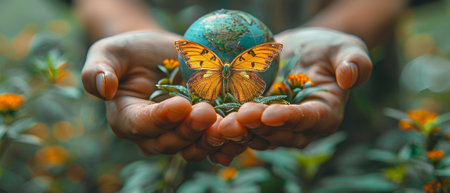 Earth Day or World Environment Day-the environmental theme of rescuing and preserving green nature, promoting sustainable lifestyles, and promoting climate literacy. Globe and butterfly held in theの素材