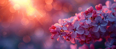 A beautiful park landscape with lilac flowers blooming in spring in a fabulous green garden against a mysterious fairy tale landscape with a sunny bright background.の素材