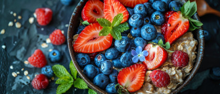 Cookies, blueberries, strawberries and oatmeal in a bowlの素材