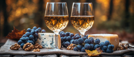 Wine with blue, camembert, and Swiss cheese, walnuts, honey, grapes, and autumn leaves on a sackcloth backgroundの素材