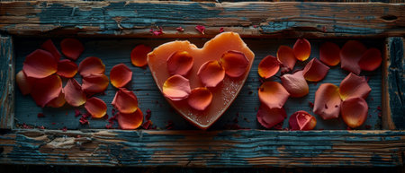 Rose petals and soap on a shabby boardの素材