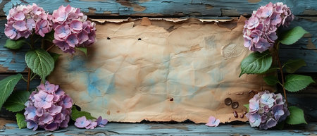 The background is a shabby wooden panel with hydrangeas and old paper sealed with sealing waxの素材