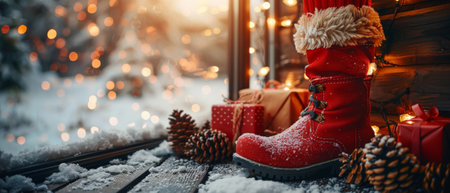 The Santa boot and bag are displayed on the wooden wall background and there are glowing lights outside the window.の素材