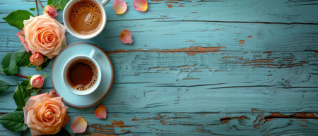 Flowers, coffee cups, greeting cards and shabby wooden planks on background of Mothers Day. Top view. Flat design.の素材