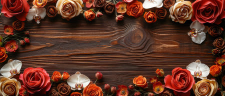 Decorative floral background with roses and orchids framed by a wood frame. Top view. Flat design...の素材