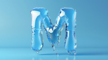 Isolated on a baby blue background, 3D rendering of an aqua balloon letter M.の素材