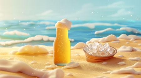 3D wheat beer ad banner. Beer glass bottle lying on coastline with bucket of ice cubes beside it on beach sand background.の素材