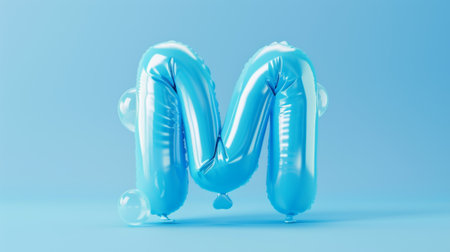 Water-filled azure balloon letter M isolated on baby blue backgroundの素材