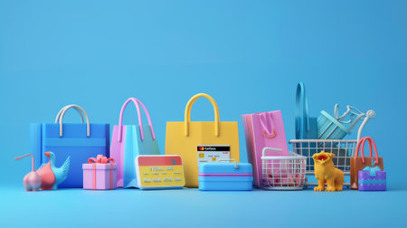 The illustration shows a credit card, a shopping bag, gifts, and a plastic shopping basket arranged in a row on a blue background.の素材