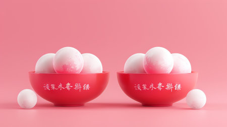 Pink and white glutinous rice balls with peanut filling in red bowls. Chinese blessing text written on the bowl.の素材