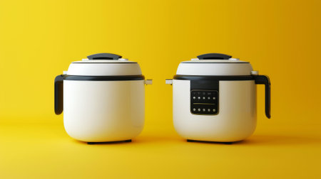 An isolated yellow background features white smart rice cookers with black electronic panels.の素材