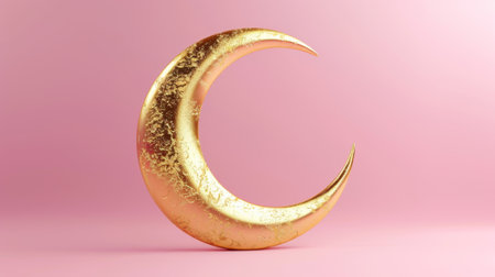 A 3D illustration of a pink background with a golden crescent moon. Ideal decoration for Islamic religious ceremonies.の素材