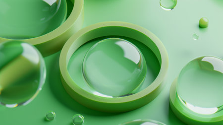 Glassmorphism round plate with geometric circle and sphere on green background.の素材