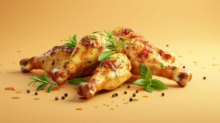 Light orange background with 3D roasted chicken legs and wings seasoned with rosemary and mint leaves.の素材