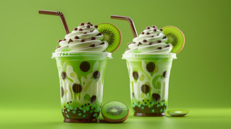 An illustration of two kiwi sundae cups isolated on a green background. One is topped with a chocolate straw, while the other is without one.の素材