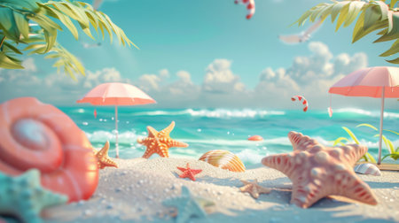 Detailed 3D illustration of a summer beach scene with seashells and a parasol for product display.の素材