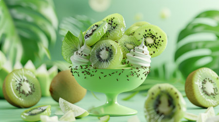 A kiwifruit sundae using unpeeled kiwifruits on a light green background is illustrated in 3Dの素材