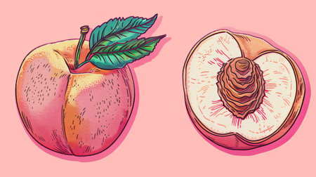 Set of retro embroidery patches depicting a white peach shown in whole, cut in half, sliced, and isolated against a pastel background.の素材