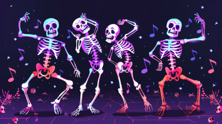 Dance of skeletons, funny Halloween (Dia de los Muertos) dead characters, skull and bones moving to a rhythm of music, disco party, human anatomical cartoon illustration set..の素材