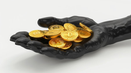The hand of a black man has a pile of golden coins lying on his open palm. The hand is isolated on a white background, and it illustrates money payment, money refund, cashback, finance refund concept.の素材