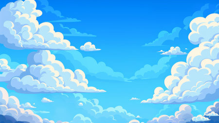 Cartoon modern illustration of cloudy skies in clear weather. Illustration of a blue sky with fluffy curve formed clouds in anime style. A panoramic air cloudscape in clear weather with fluffy curves.の素材