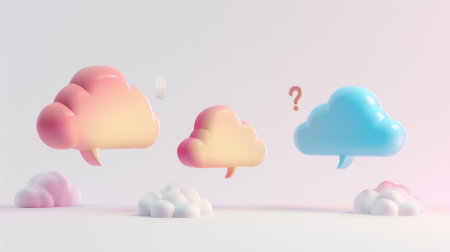 3D render speech bubbles, isolated communication, chat, and question balloons. Dialog, message, and talk boxes on white background, cartoon illustration..の素材