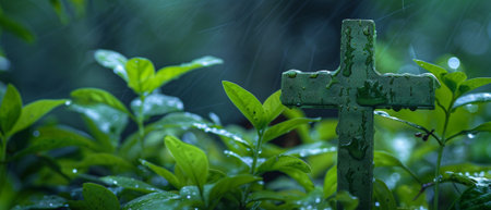 Christian cross on green leaves, Vietnam, Indochina, Southeast Asia, Asia..の素材