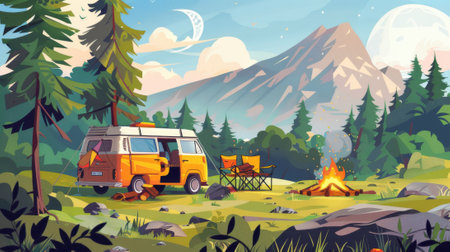 Campground with bonfire, tent, van, backpack, chair, guitar, and guitar accessories. Modern cartoon landscape with mountain, forest, and camping equipment.の素材