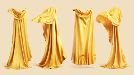 In a realistic way, the golden cape of a superhero flies in windy conditions. There are moderns of costume mantles and silk scarves flying in the wind. A windblown gold drapery with wrinkles appears..の素材