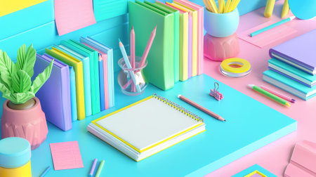 Office or school stationery. Office or school stationary. Diary or organizer with hardcover and bookmarks, sticky paper notes, 3D render illustration..の素材